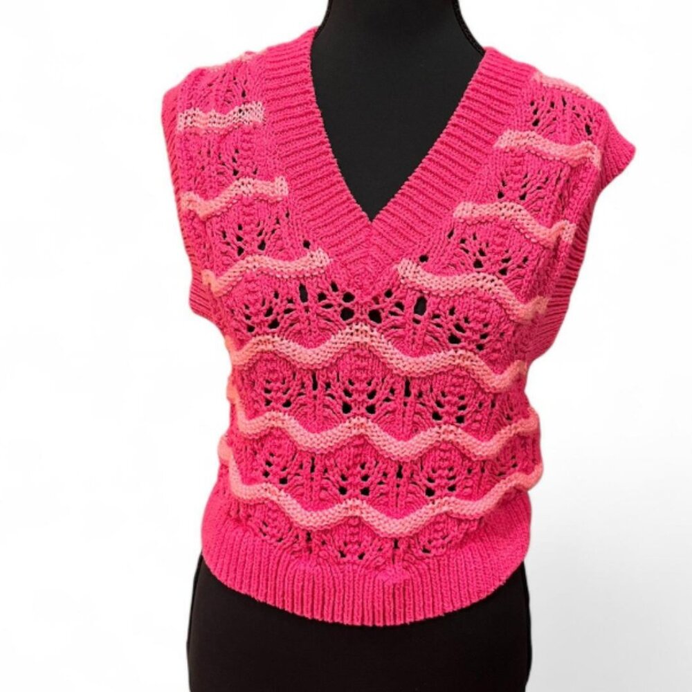 ZARA Bright Pink Wave-Patterned Crochet Cropped Vest Size S